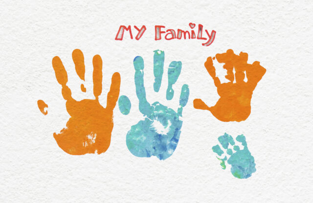 Four handprints in blue and brown colors titled My Family