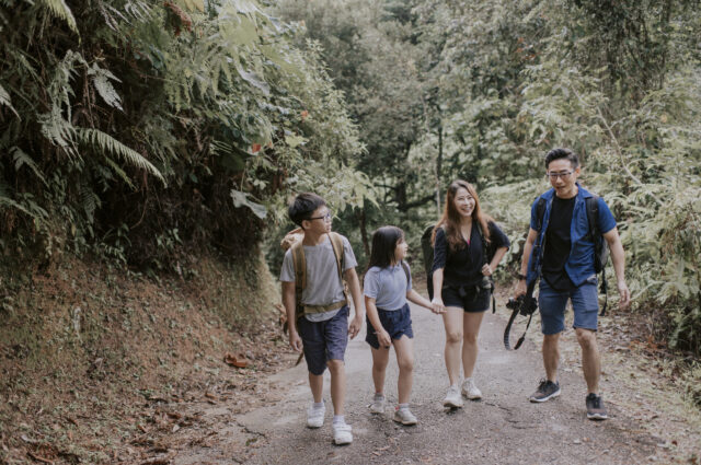 Family of four hiking on a path in the woods