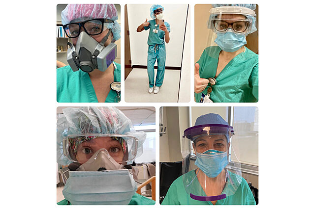Five speech-language pathologists shown in scrubs and with masks